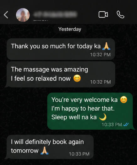 WhatsApp guest review for CM Wellness Home Massage Chiang Mai
