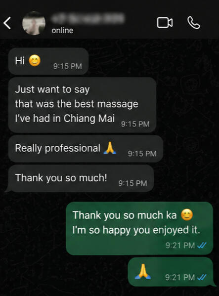 WhatsApp guest review for CM Wellness Home Massage Chiang Mai