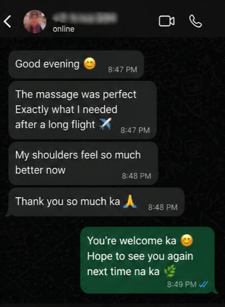 WhatsApp guest review for CM Wellness Home Massage Chiang Mai